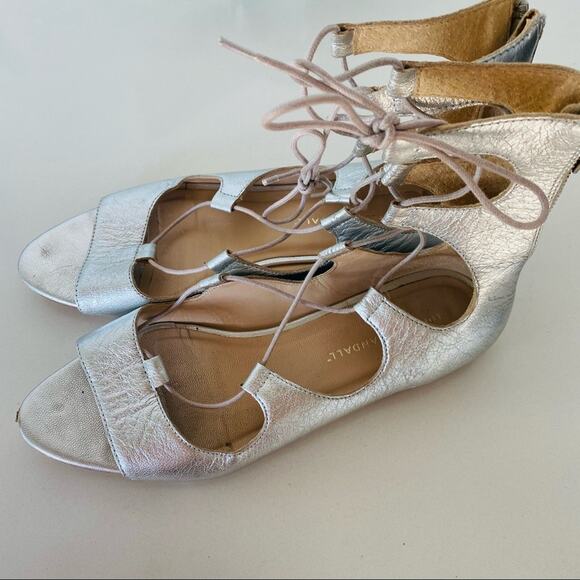LOEFFLER RANDALL Metallic Silver Leather Lace Up Open Toe Strap Sandal Flats 8.5 - Picture 3 of 11